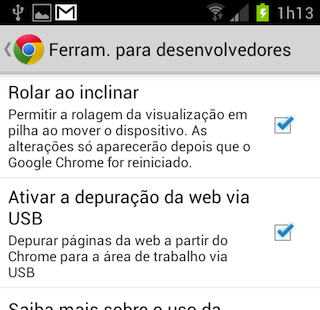 Habilite depuração da web via USB.