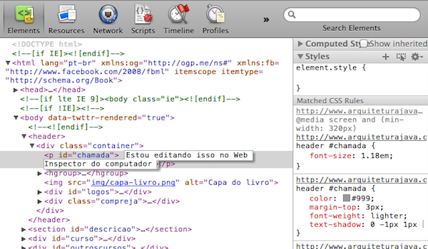 O Web Inspector aberto no Chrome Desktop.