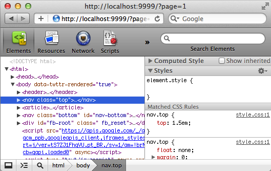 Safari com inspector aberto