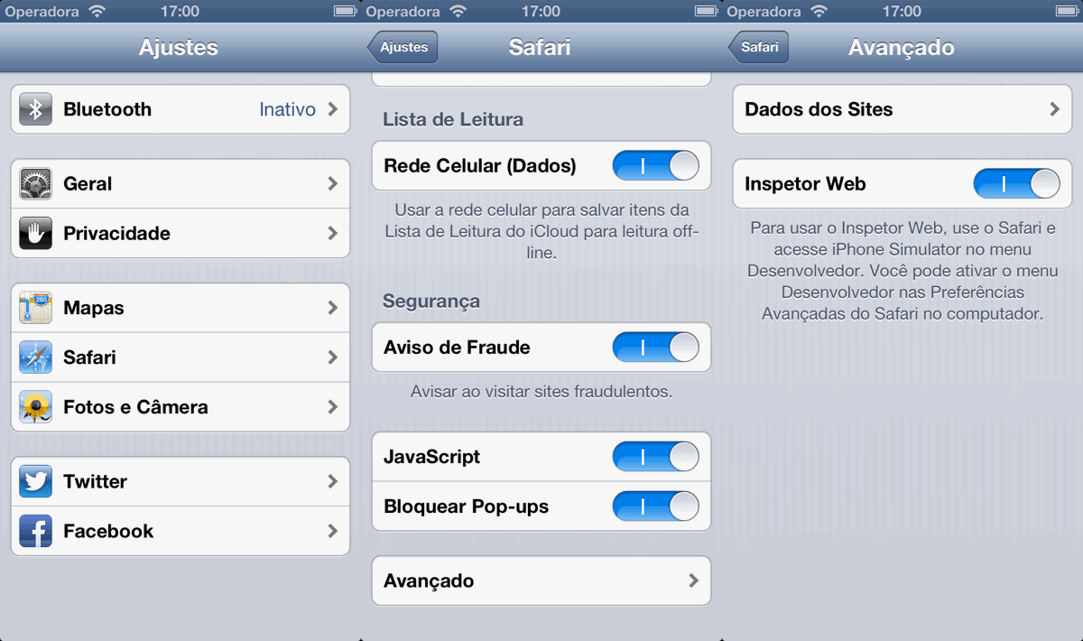 Ajustes, Safari, Avançado e marque a opção Inspetor Web