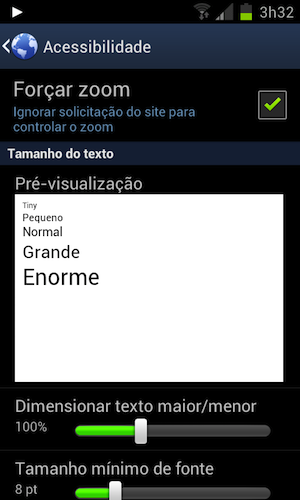 Screenshot com configurações de zoom do Android 4