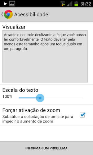 Screenshot com configurações de zoom do Chrome Mobile